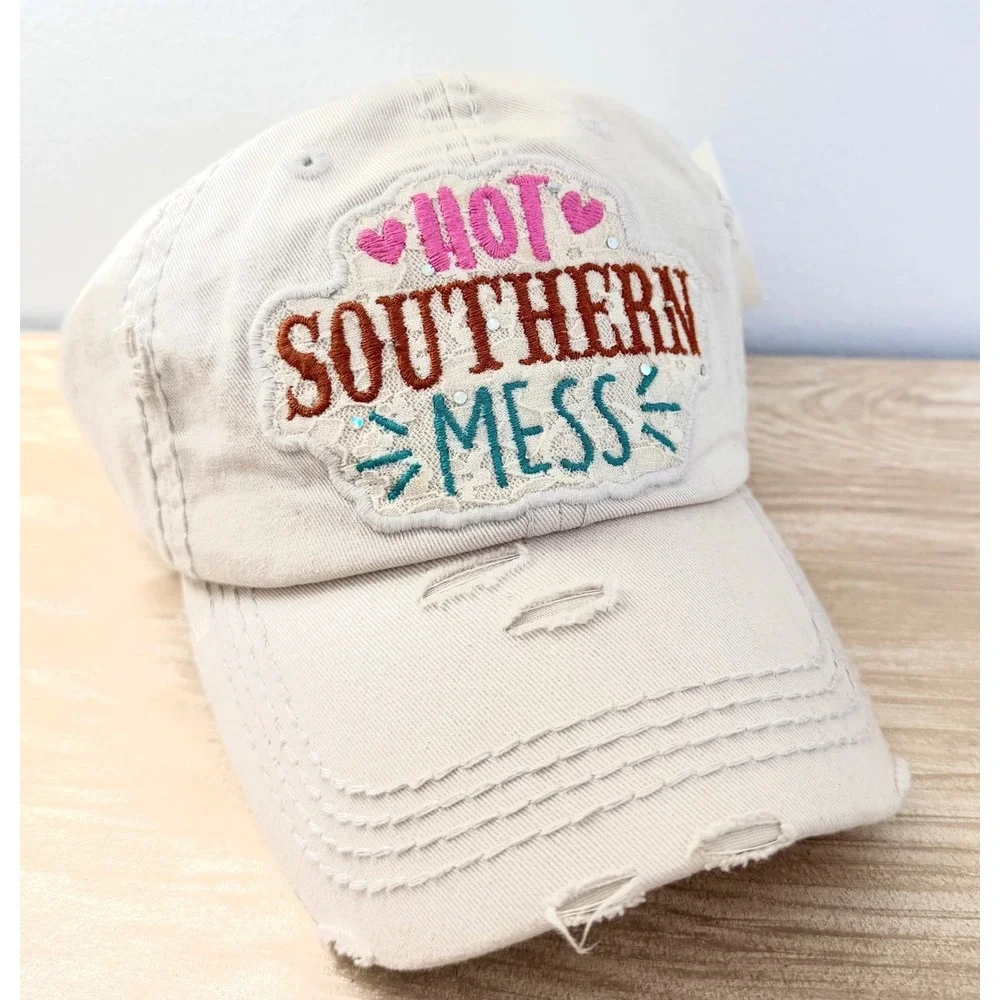 KBETHOS Hot Southern Mess Distressed Baseball Cap Beige Vintage Adjustable Hat